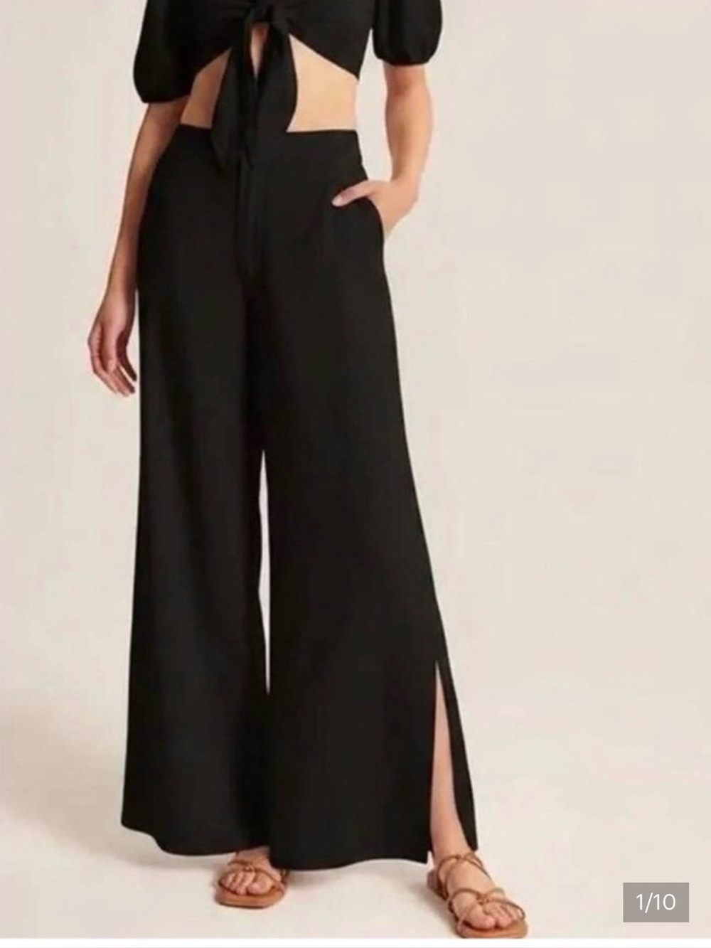 ABERCROMBIE AND FITCH BLACK WIDE LEG HI RISE LINEN PANTS W/SLITS XS SHORT NWT